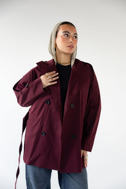 High-Neck Trench in Burgundy