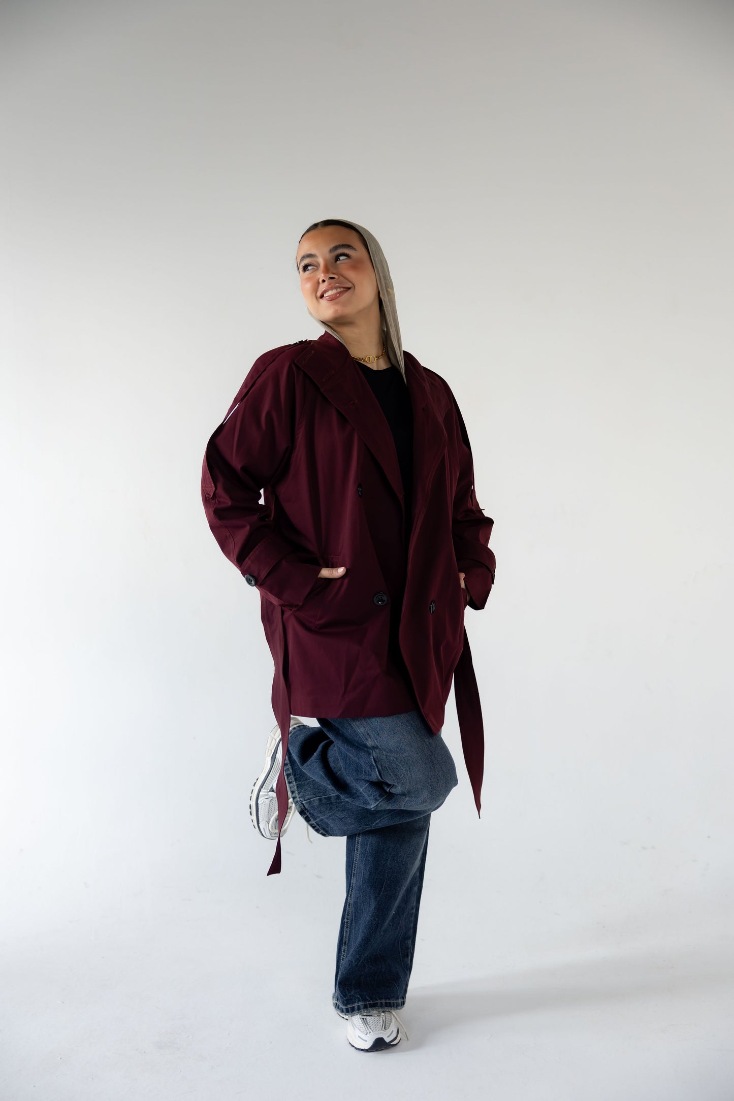 High-Neck Trench in Burgundy