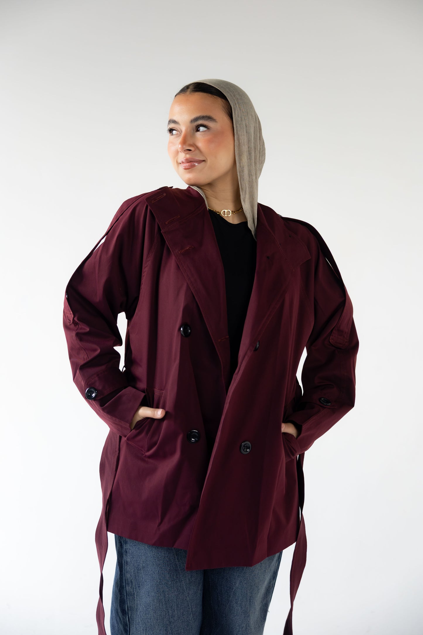 High-Neck Trench in Burgundy