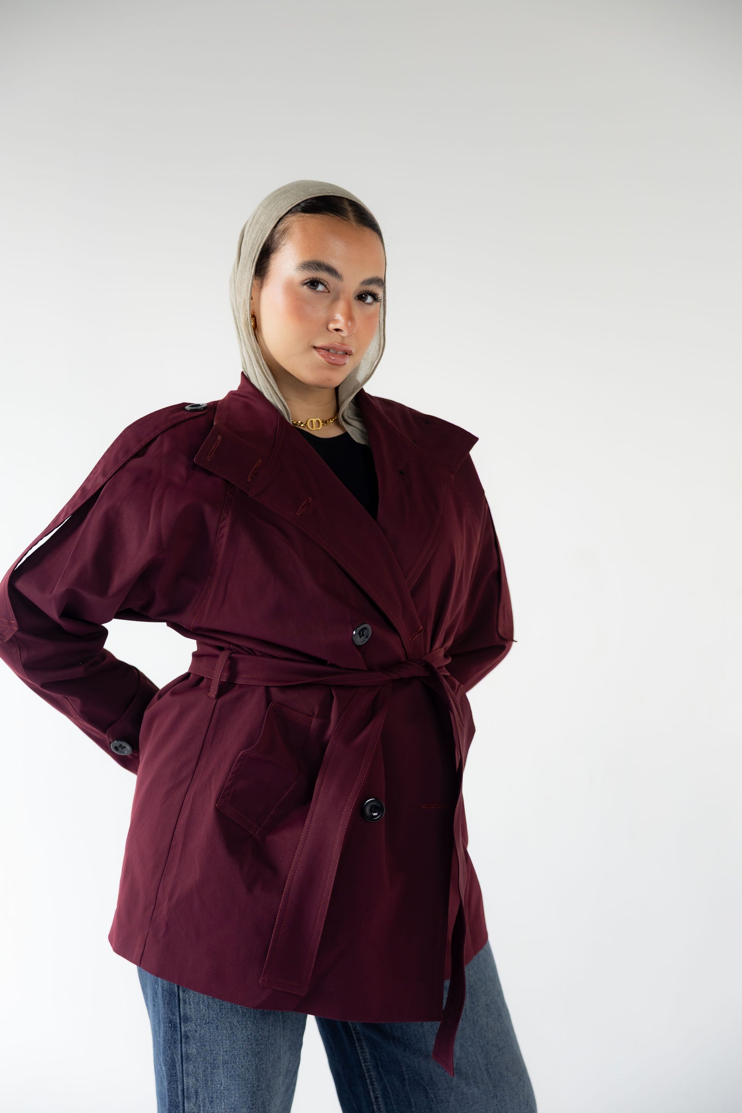High-Neck Trench in Burgundy